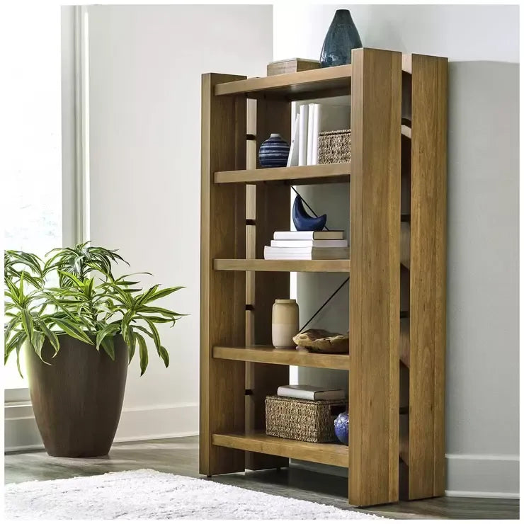 Adjustable Bookcase with Open Shelves, Rubberwood and Acacia Veneers, Indoor Use