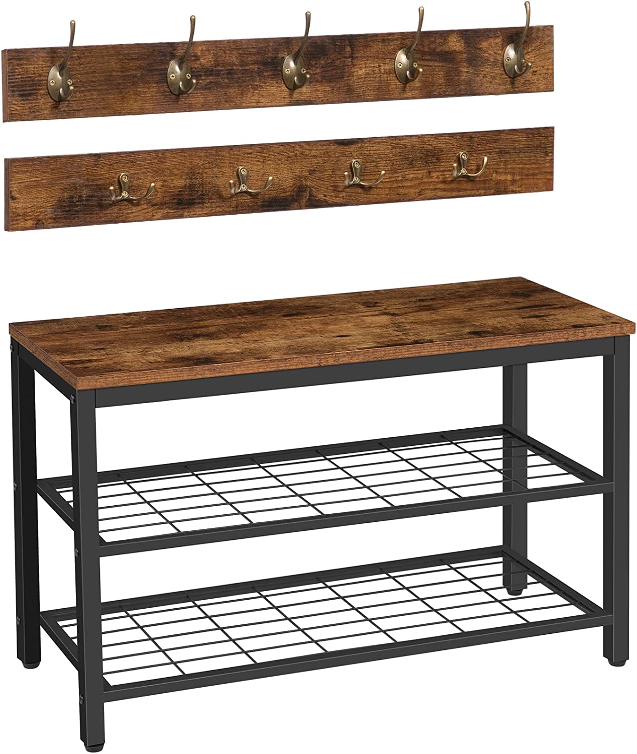 Industrial Design Entryway Shoe Rack with Coat Hooks Organizer Brown