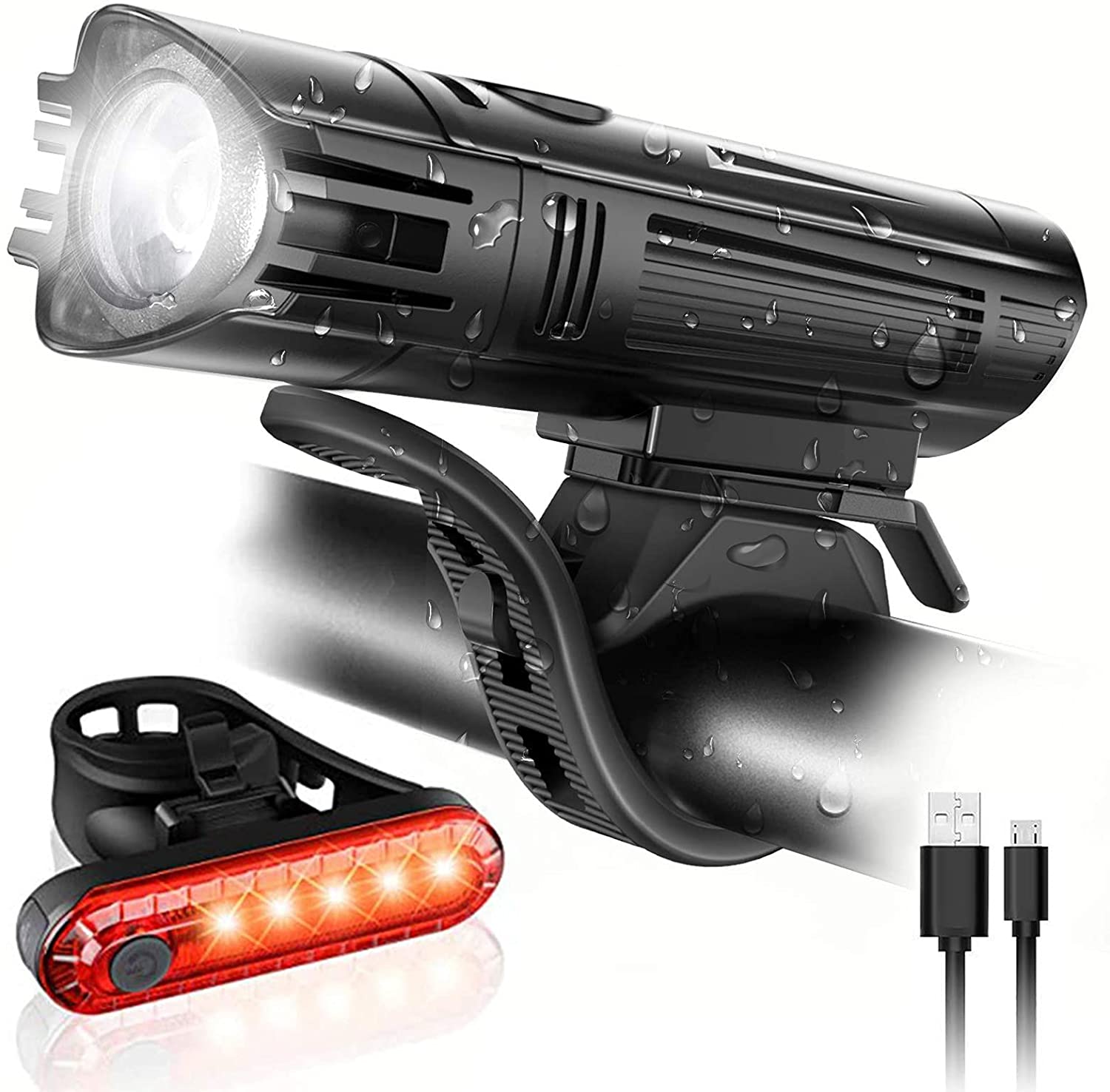 Waterproof Rechargeable LED Bike Lights Set 2000mah Lithium Battery, IPX4, 2 USB Cables