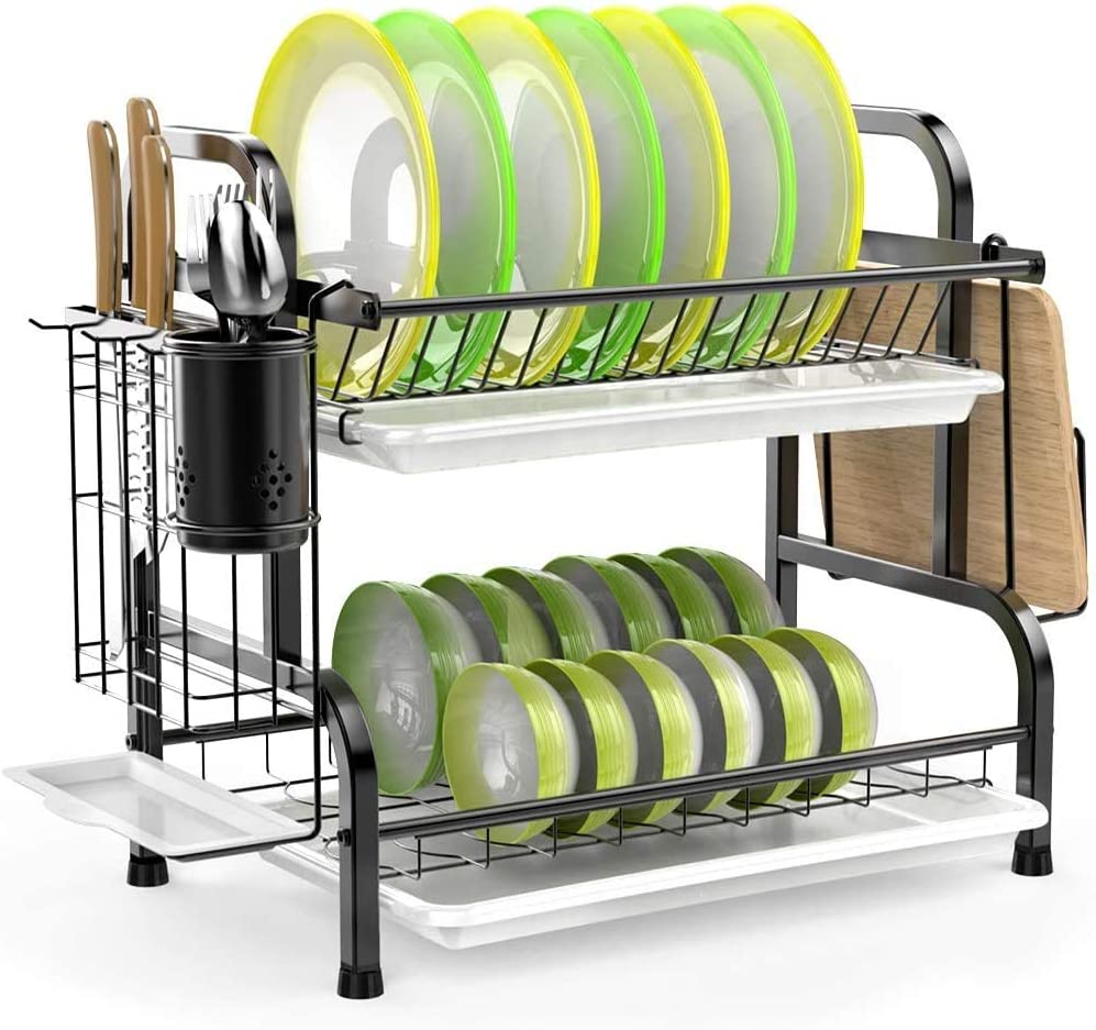 Stainless Steel 2-Tier Dish Drying Rack with Utensil Holder, Cutting Board Holder and Dish Drainer for Kitchen Counter Black
