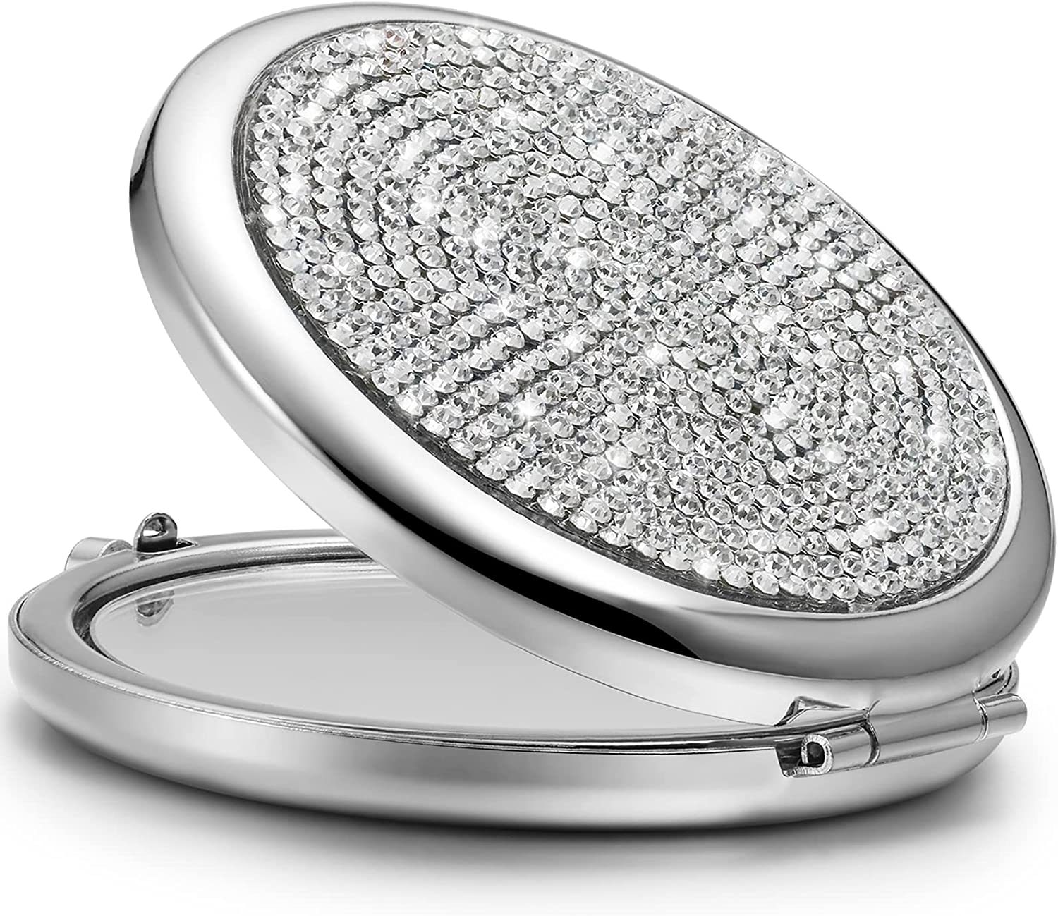 Mini Small Diamond 1X/2X Magnifying Round Metal Pocket Makeup Mirror Silver