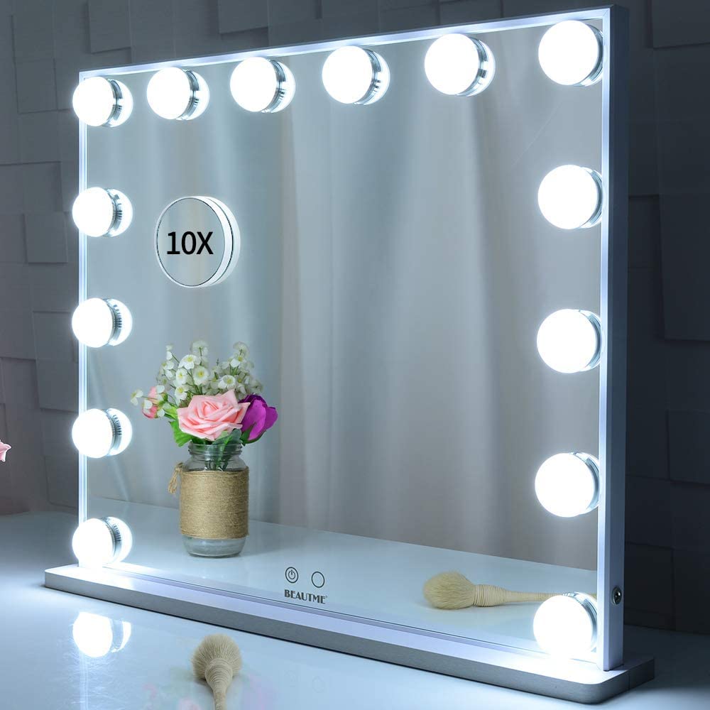 Hollywood Makeup Vanity Mirror with LED Lights and Detachable 10X Magnification Mirror White, 62 x 51 cm