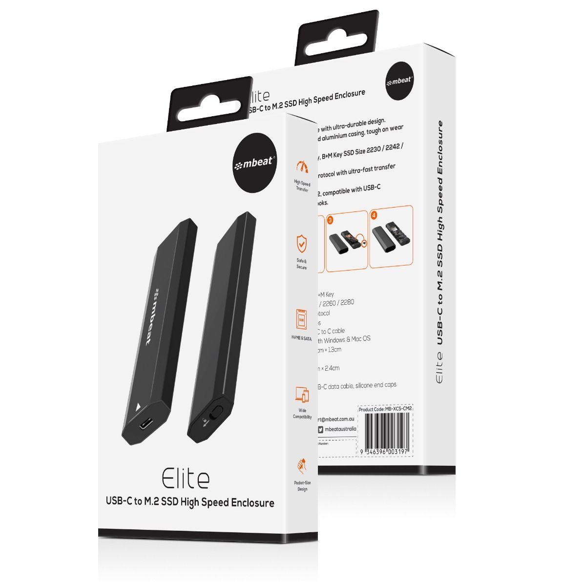 mbeat Elite USB-C to M.2 SSD Enclosure M-Key, B+M Key - Matte Black