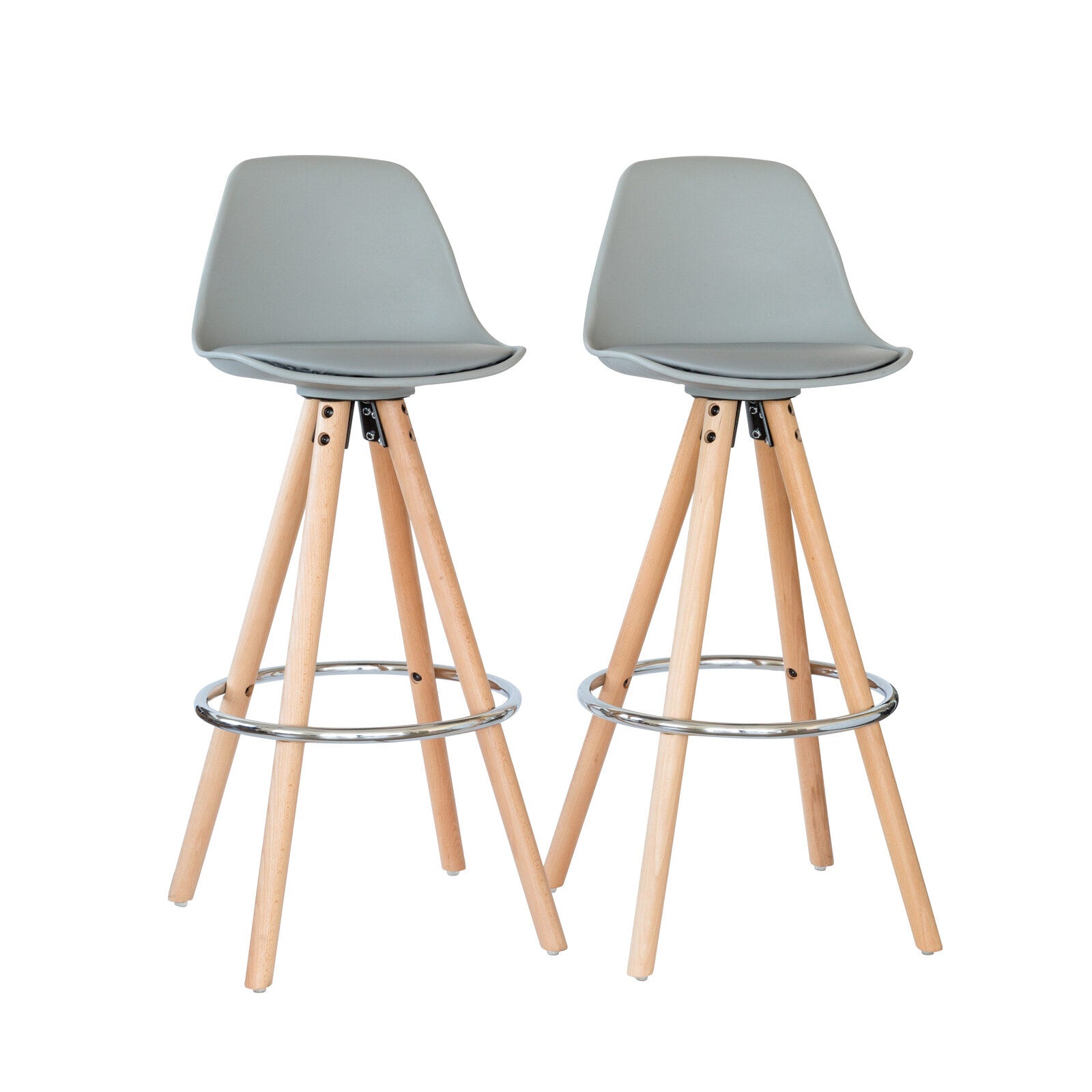 2 PU Leather Padded Barstools Light Grey/Wood with Metal Footrest