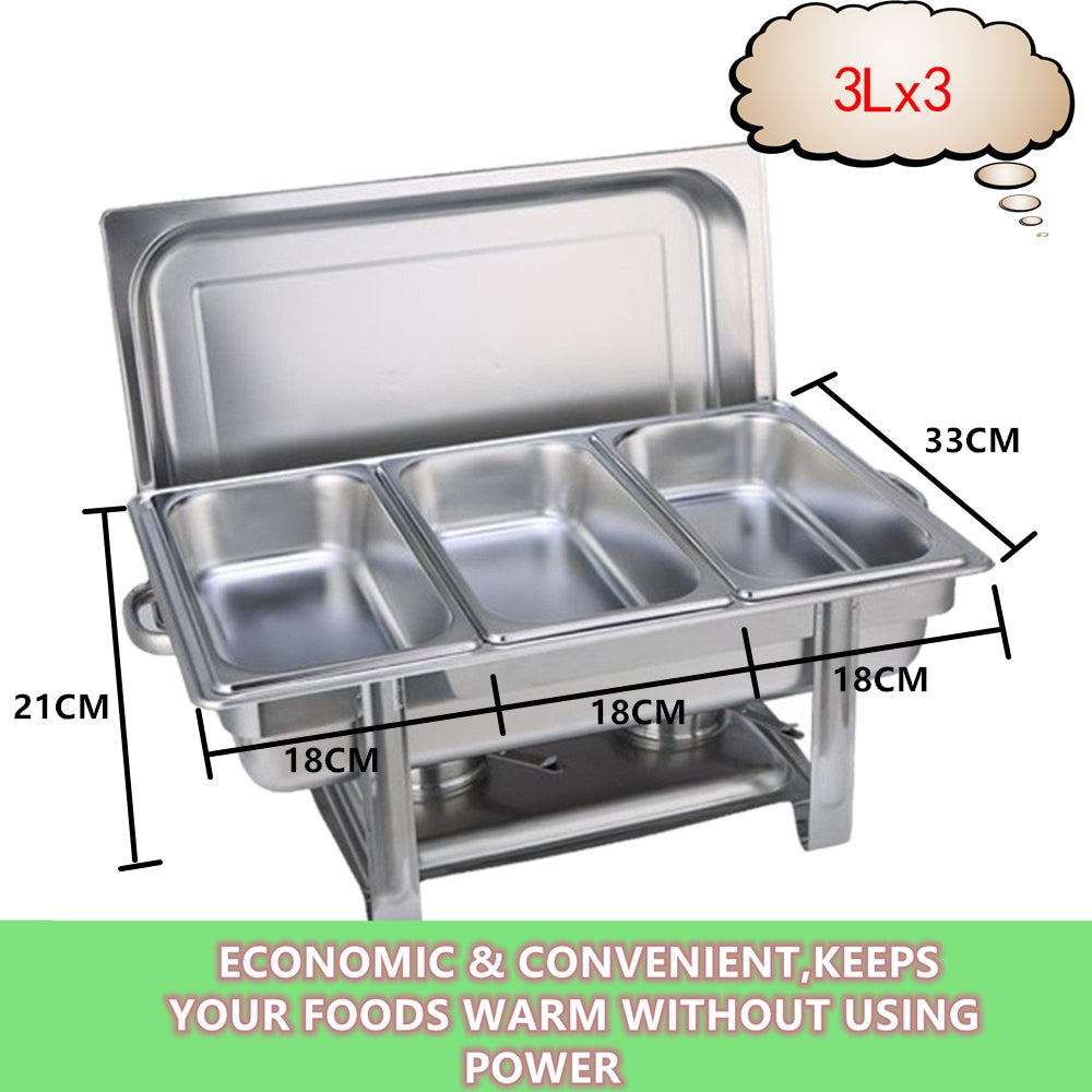 9L Chafing Dish Set Buffet Pan Bain Marie Bow Stainless Steel Food Warmer 3*3L