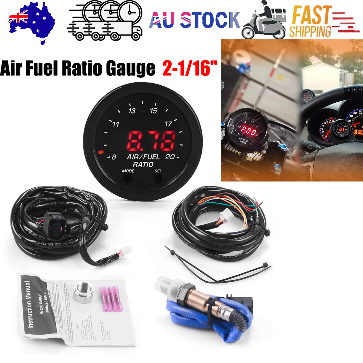 For Wideband Gauge X-Series 30-0300 AFR O2 UEGO Air Fuel Ratio Gauge 2-1/16" AU