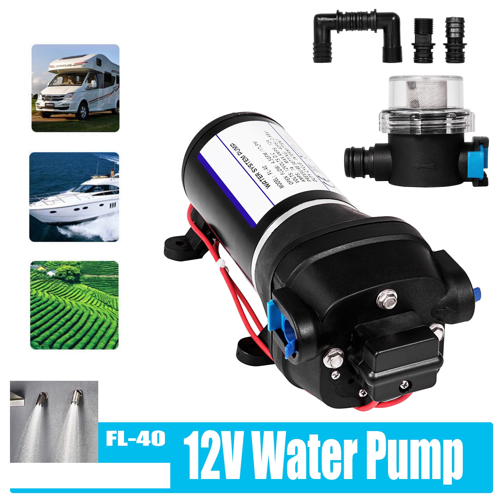Mxmoonant Waterpomp, 12 V, membraan, 2,8 bar, 130 W, 17 l/min, zelfaanzuigend, met overspanningsbeveiliging, voor camper, caravan, boot, irrigatie, circulatie Mxmoonant Waterpomp, 12 V, membraan, 2,8 bar, 130 W, 17 l/min, zelfaanzuigend, met overspanningsbeveiliging, voor camper, caravan, boot, irrigatie, circulatie