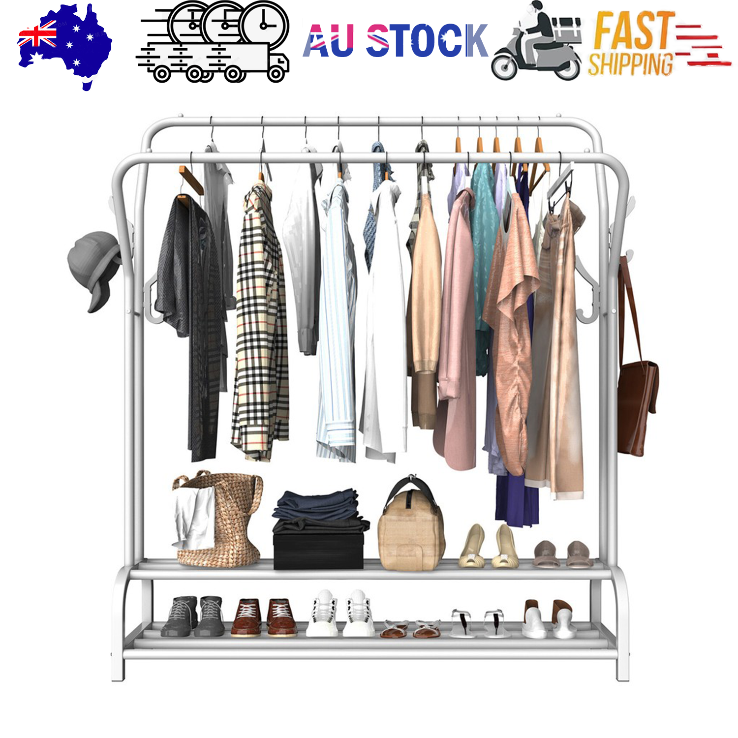 White Heavy Duty Metal Double Clothes Rail Rack Garment Hanging Shoe Storage Shelf AU