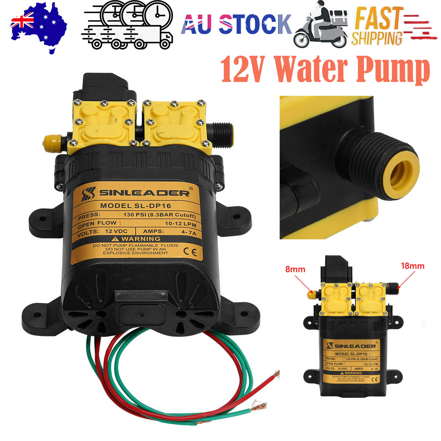 12LPM Caravan 12V Water Pump 130PSI High Pressure Self-Priming Camping Boat Farm