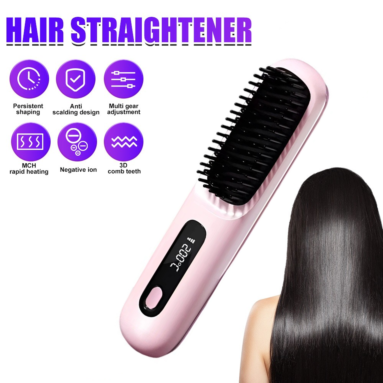 Pink Hair Straightener Brush Travel Mini Rechargeable Hair Styler Fast Heating