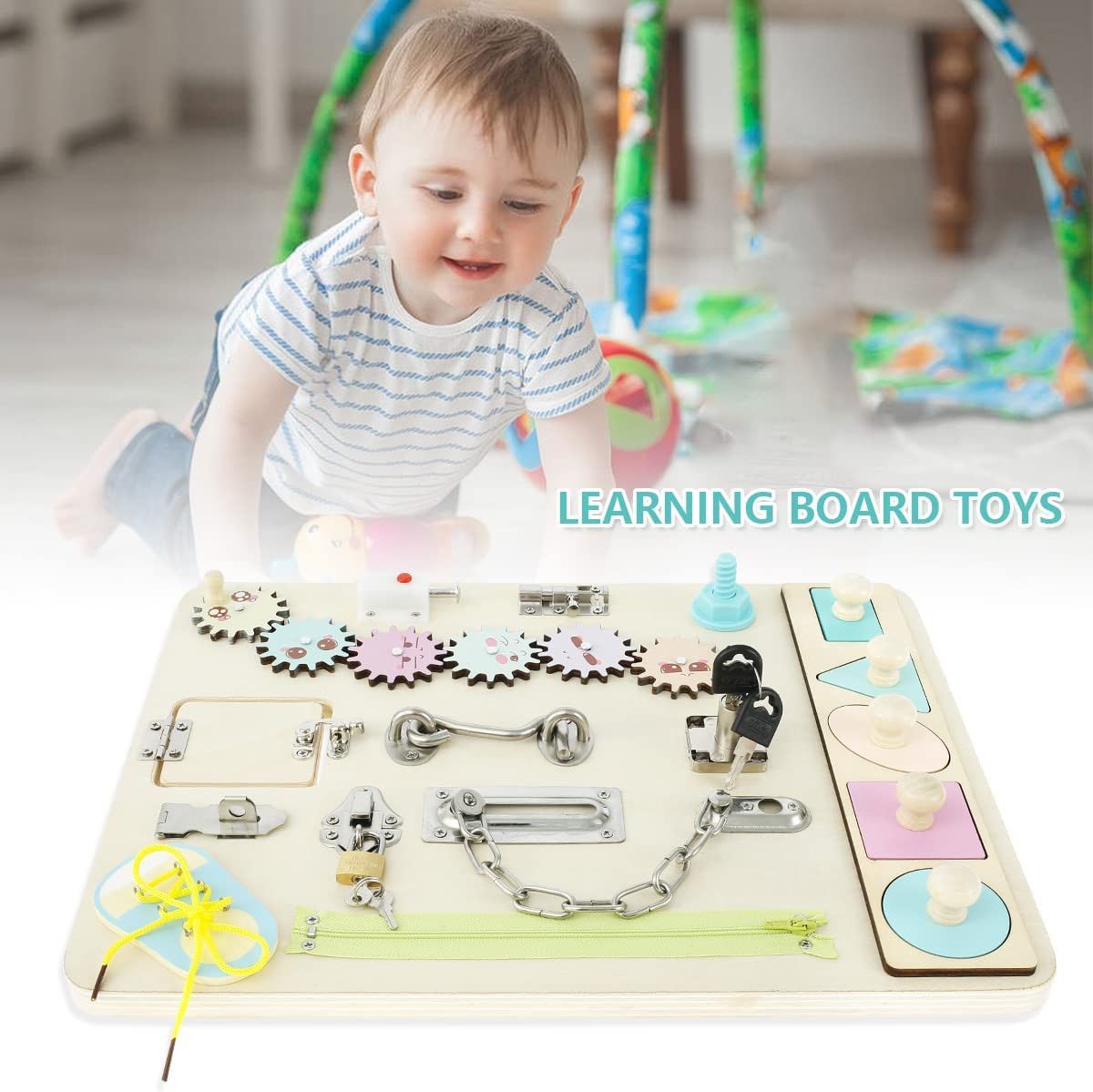 Toddler Montessori Busy Board Wooden Sensory Board Toys Locks Latches Board AU