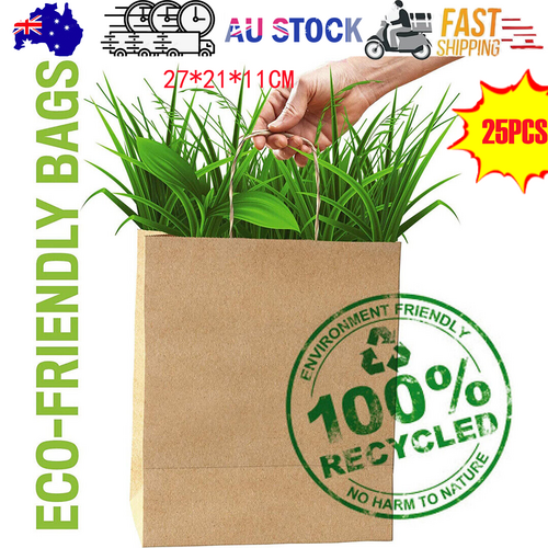 25pcs Bulk Kraft Paper Bags Gift Shopping Carry Craft Brown Retail Bag with Handles Au M