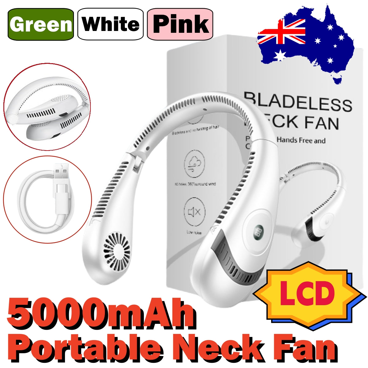 Green 5000mAh Mini Neck Fan Bladeless Foldable Portable Quiet Rechargeable 360degree Cooler