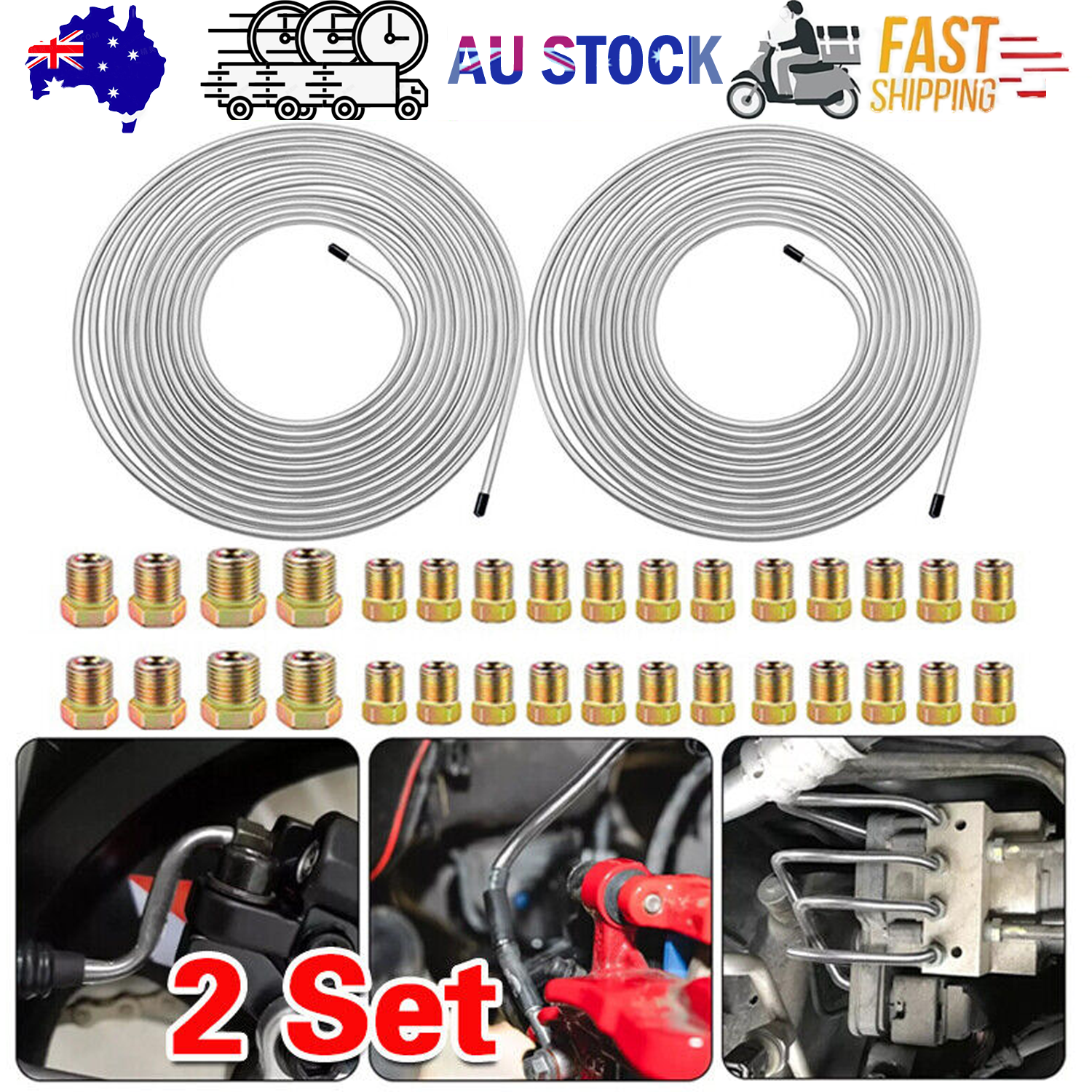 2 Packs 3/16 inch Brake Line Kit 25Ft Tube Rolls Zinc Steel with 32 Fittings NEW