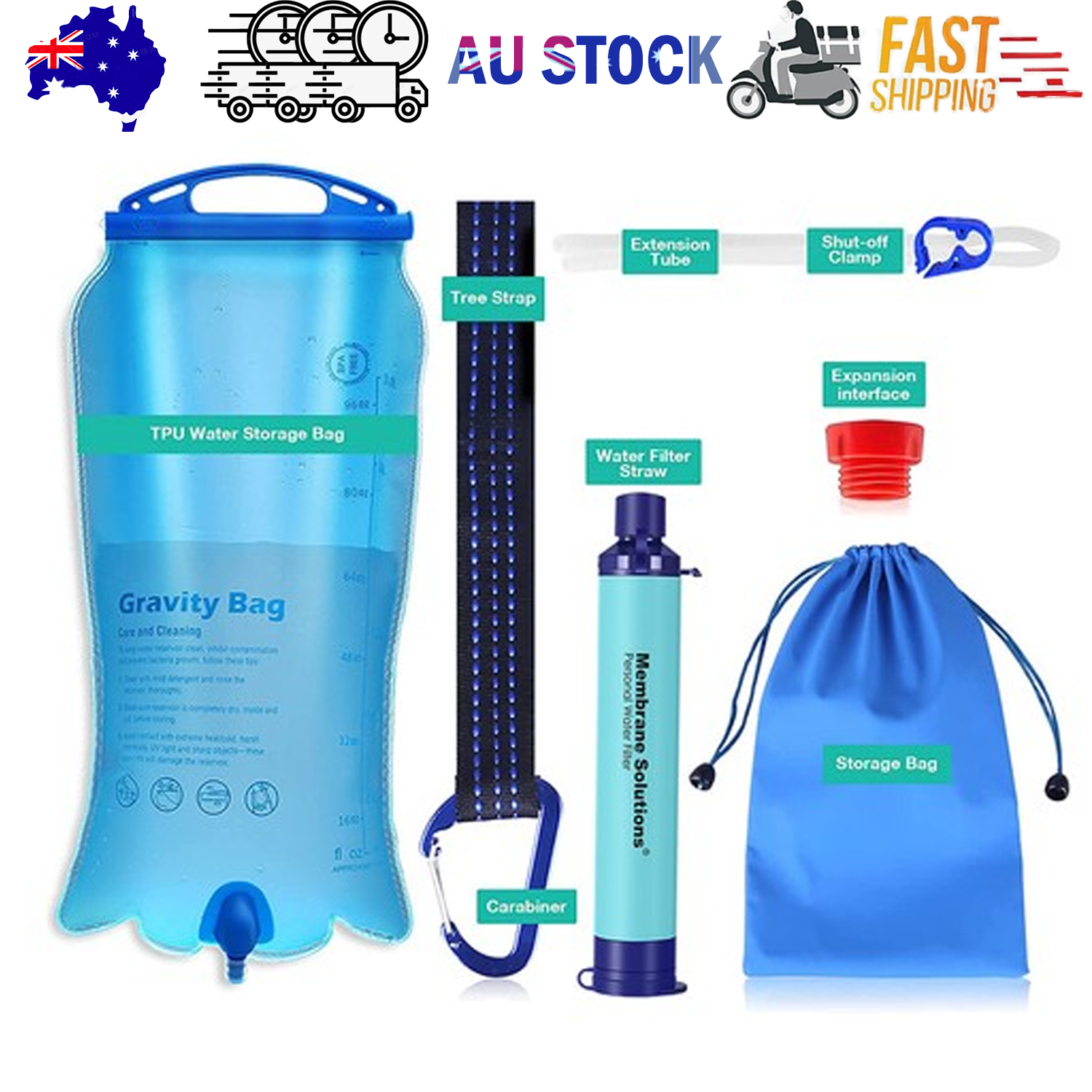 Survival Portable Water Purifier Filter Straw Gravity Water Filtration System 3L