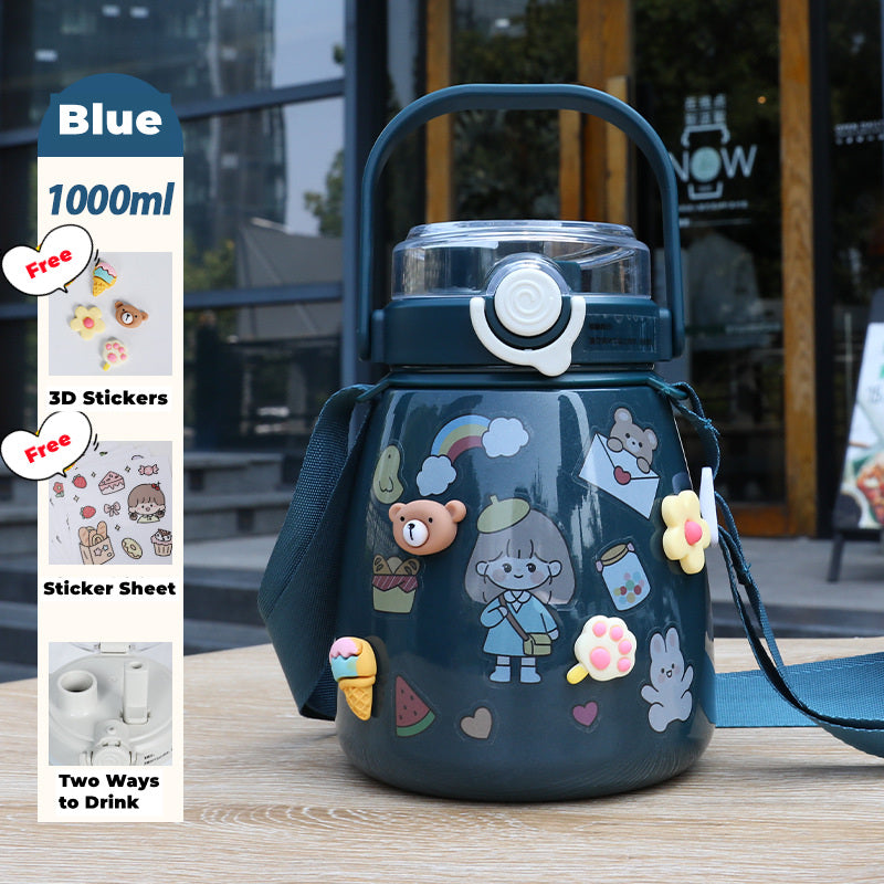 1000ml Large Water Bottle Stainless Steel Straw Water Jug with FREE Sticker Packs Blue