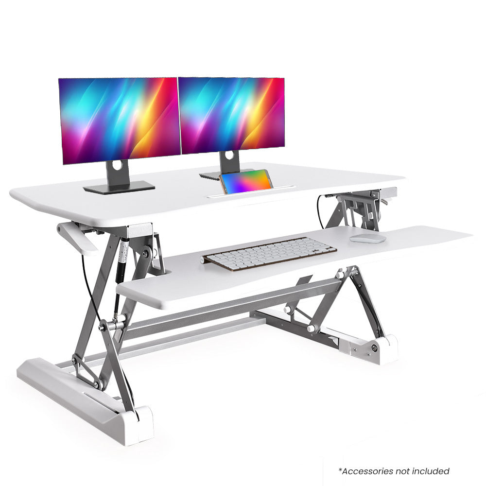 FORTIA 90cm Adjustable Sit Stand Desk Riser Dual Monitor White
