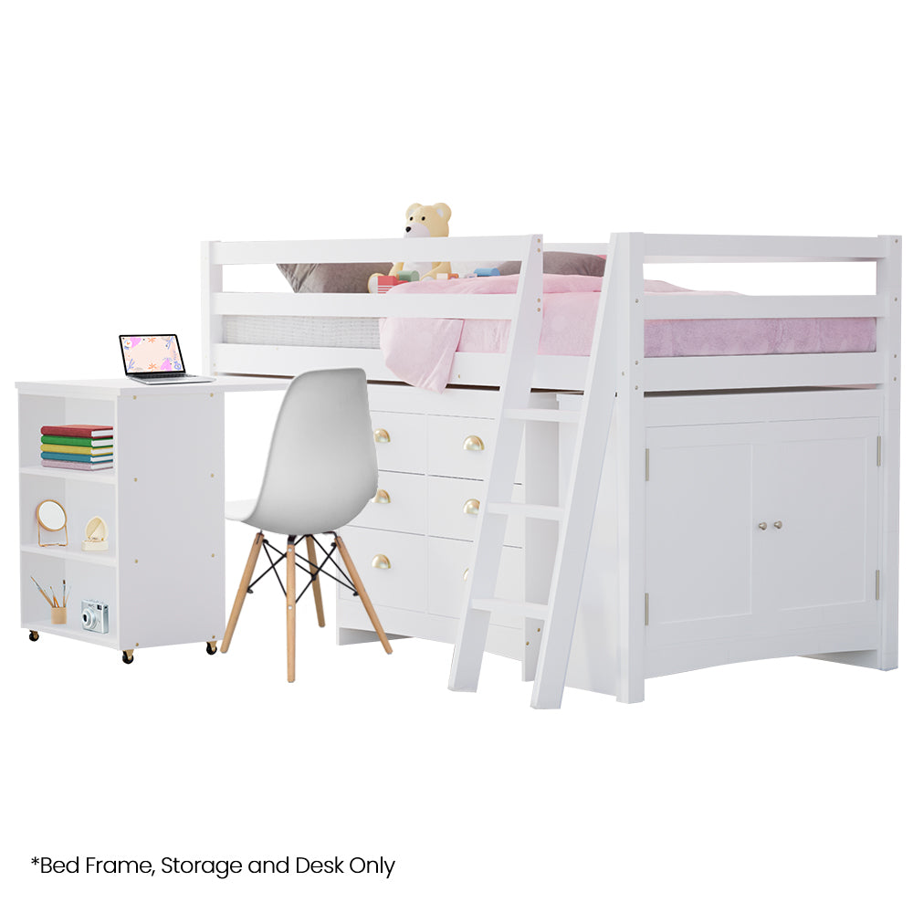 Kingston Slumber Kids Single Loft Bed Frame White Desk Storage