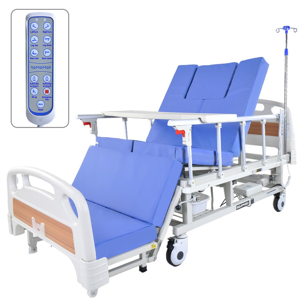 EQUIPMED Electric 8 Function Medical Bed , w/ Mattress & Over Bed Table, Adjustable Back and Leg Lifting, Lateral Tilting, Commode Bowl, IV Pole