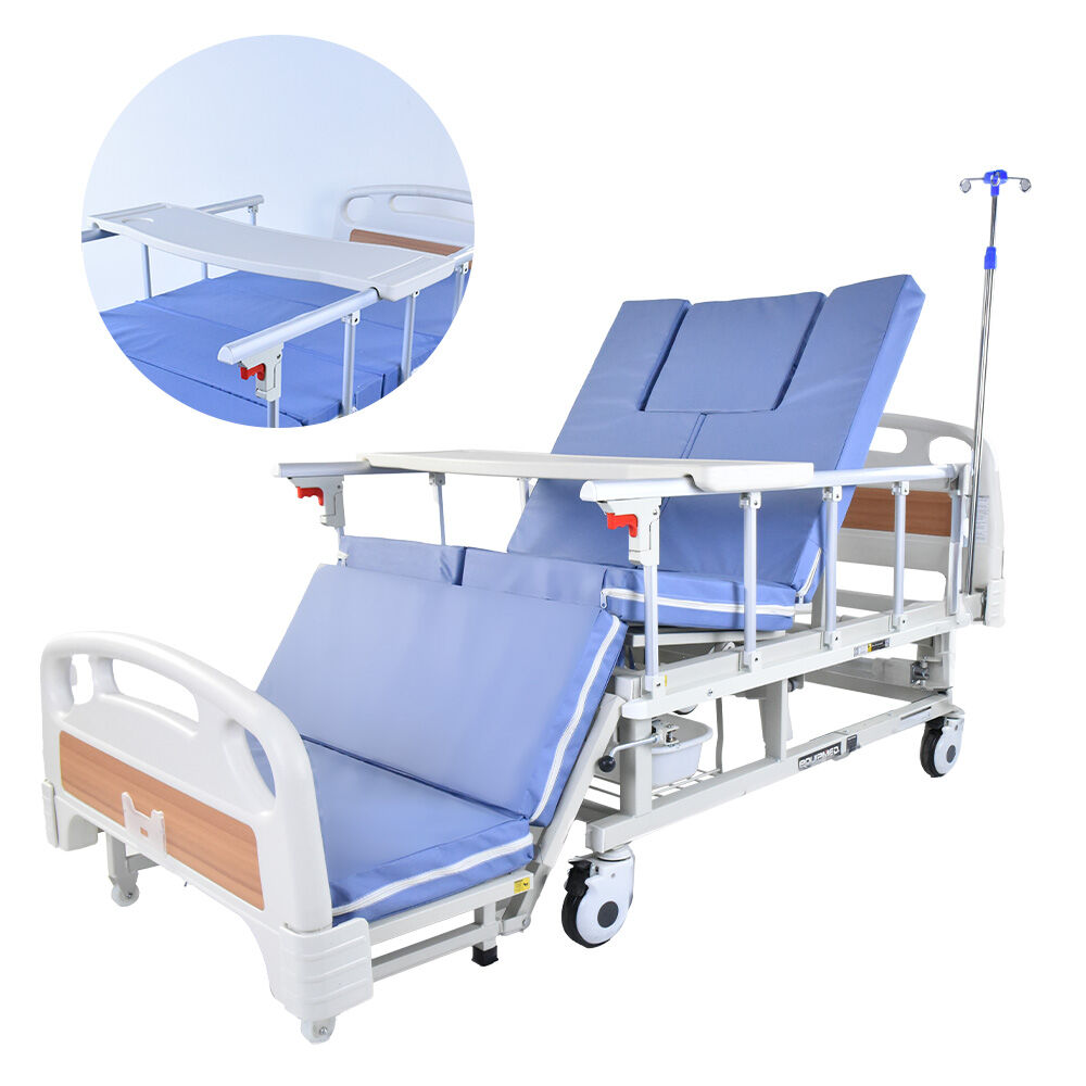 Equipmed Adjustable Medical Bed with Mattress, Over Bed Table, Lateral Tilt, Commode, IV Pole