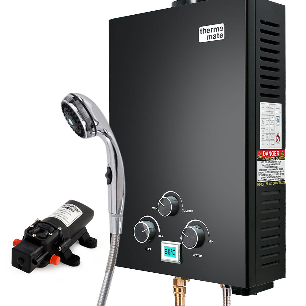 Thermomate Portable Gas Camping Hot Water Heater 12V Pump Shower Black