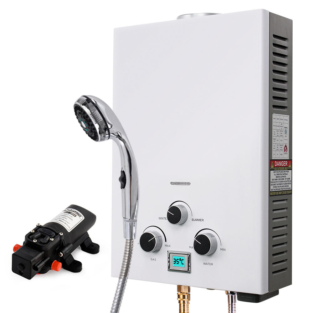 Thermomate Portable Gas Camping Hot Water Heater 12V Pump Shower White