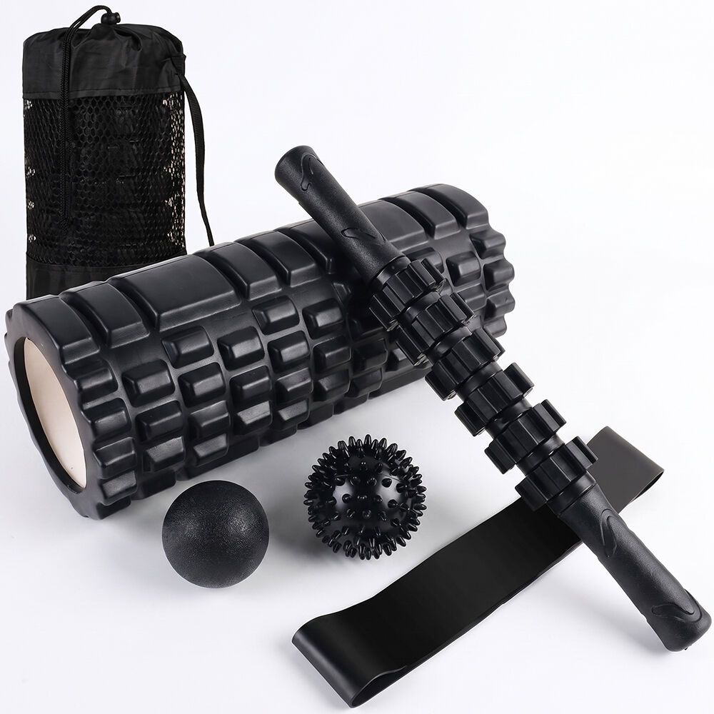 PROFLEX 6-Piece Foam Roller & Massage Set with Massage Stick, Balls, Stretching Band & Carry Bag, Black