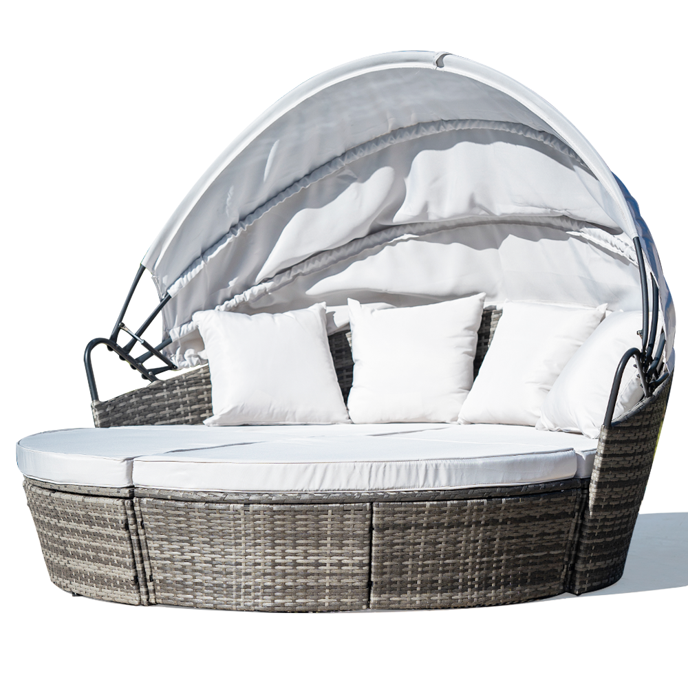 Noosa Heads 3PC Outdoor Daybed Rattan Sofa Sun Lounge Grey Wicker Off White Canopy