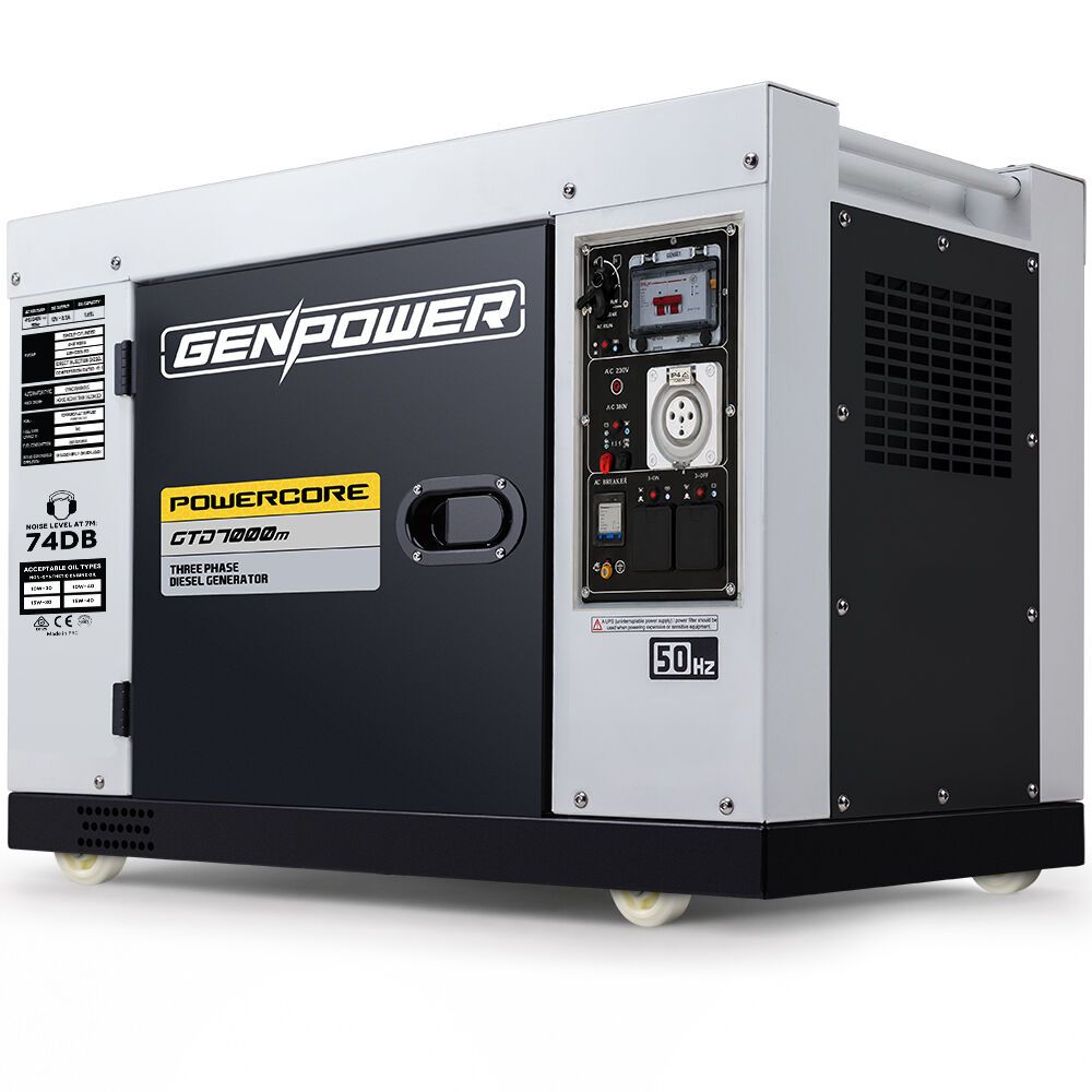 GENPOWER 7kW Peak 5kW Rated Commercial Diesel Generator, Three Phase 415V, Electric Start, Sound-Insulated, RCD Safety Switch, Worksite & Backup Power