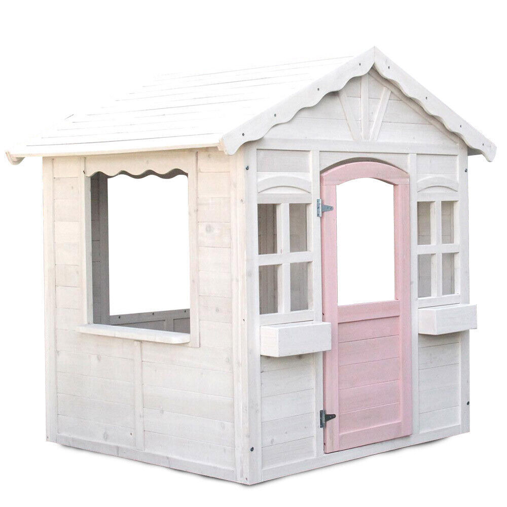 Rovo Kids Cottage Wooden Cubby House DIY Timber Playhouse White Pink Trim
