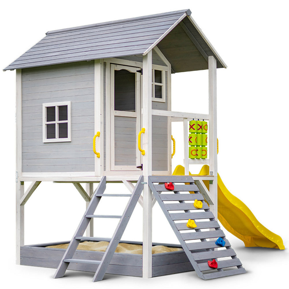 Rovo Kids Wooden Tower Cubby House Slide Sandpit Climbing Wall Grey