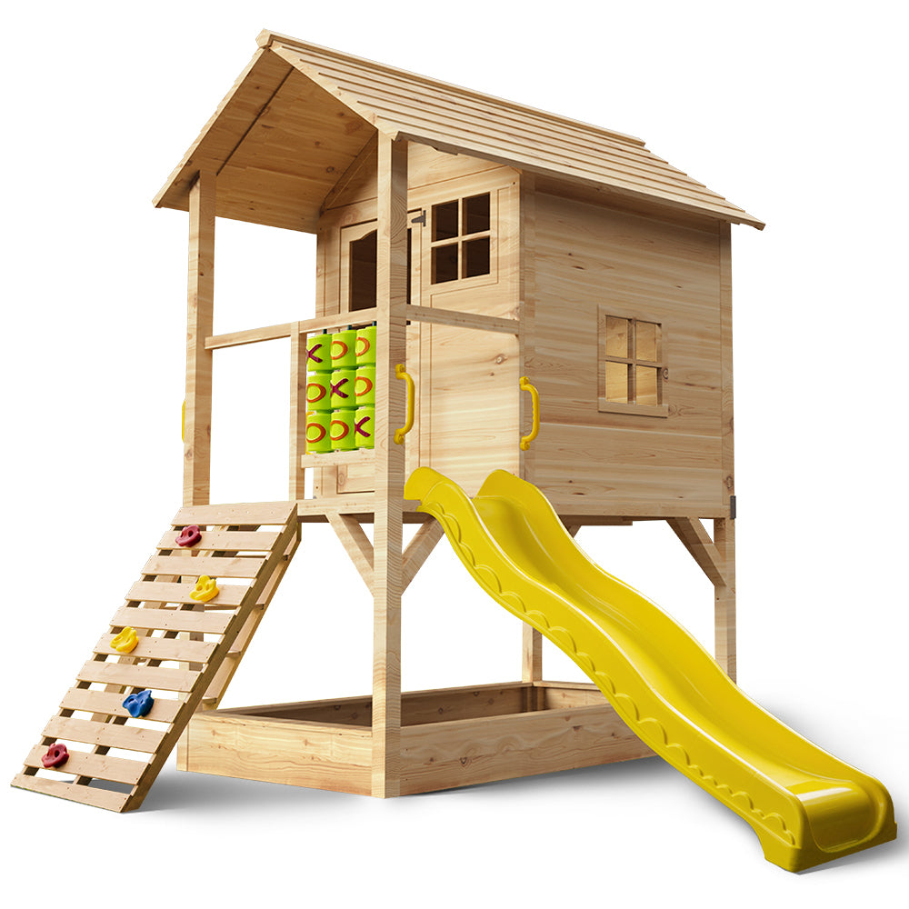 Rovo Kids Wooden Tower Cubby House Slide Sandpit Climbing Wall Natural