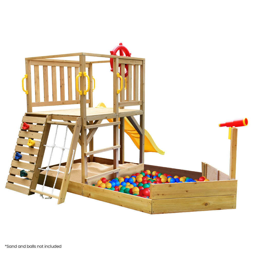 Rovo Kids Boat-Themed Wooden Play Tower with Slide and Climbing Wall