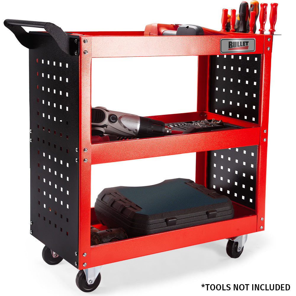 Bullet 3-Tier Steel Tool Trolley Cart Red with Pegboard and Screwdriver Rack