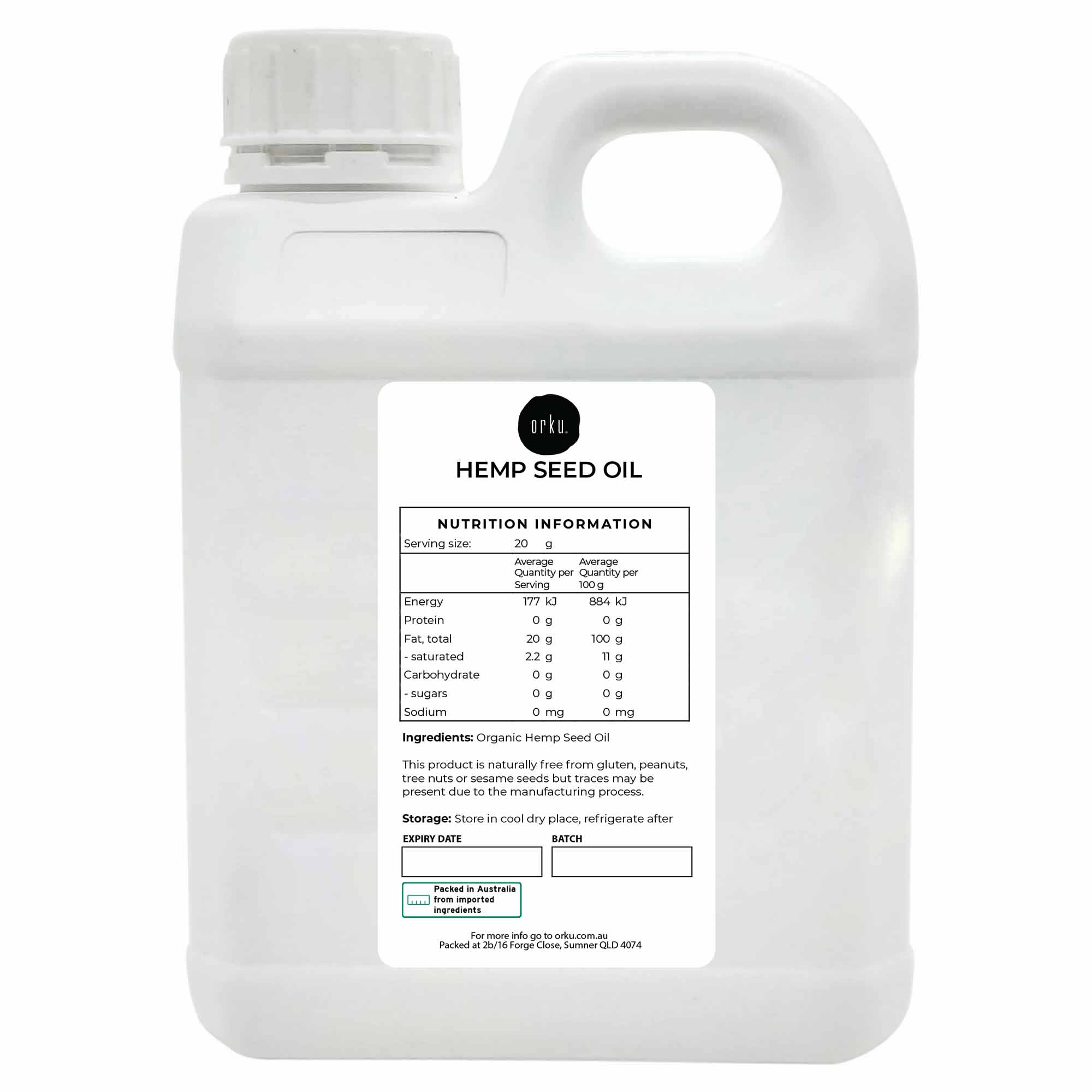 Orku 5L Organic Hemp Seed Oil - Cold Pressed Food Grade Oils