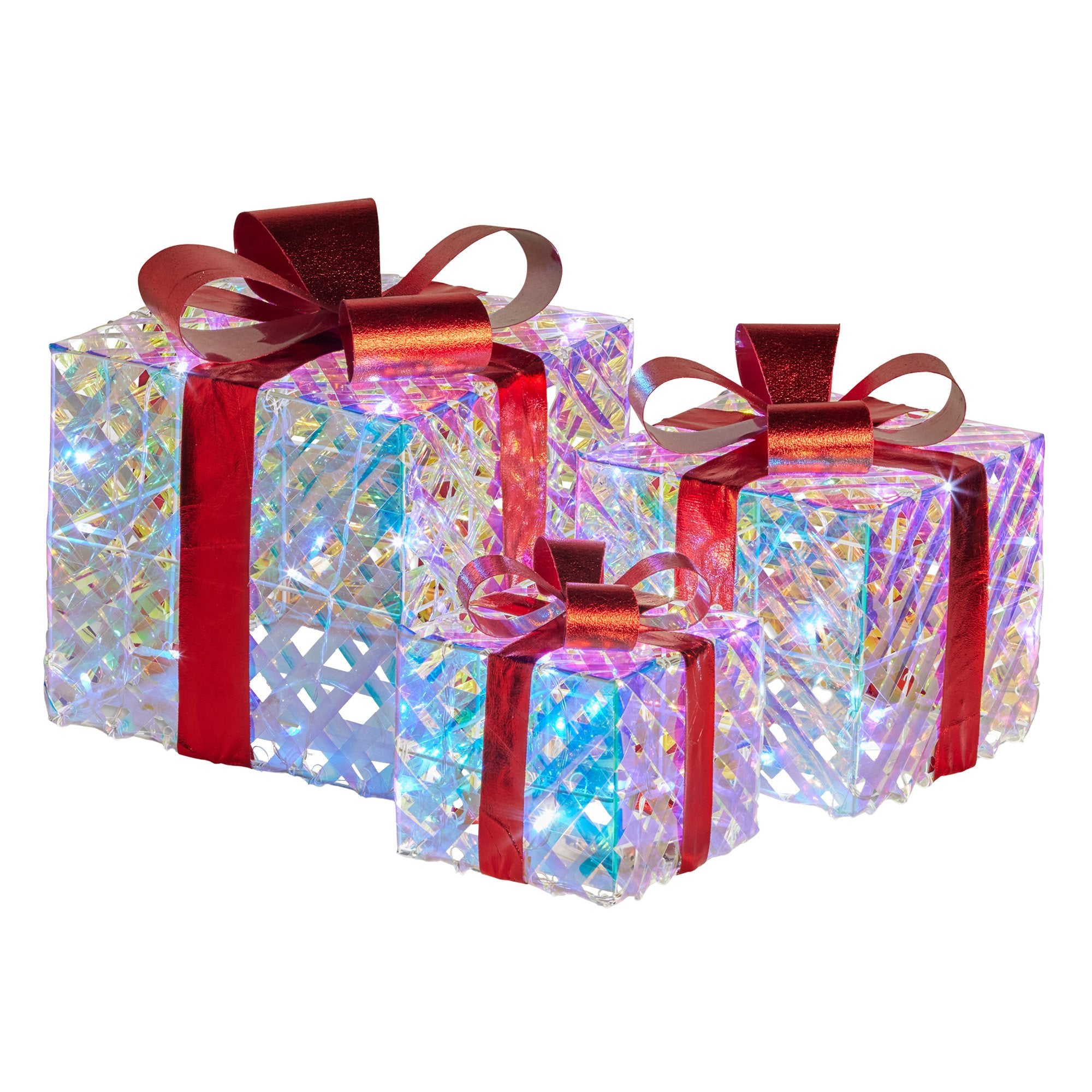 Swishmas 3-Piece Christmas Gift Boxes LED Lights Clear Shimmer Red Bows