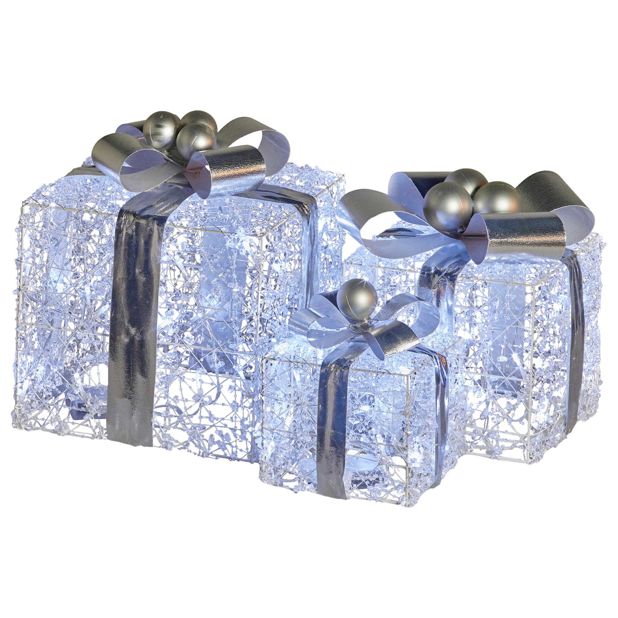 Swishmas Set of 3 LED Christmas Gift Boxes Jewelled Wire Silver Bows
