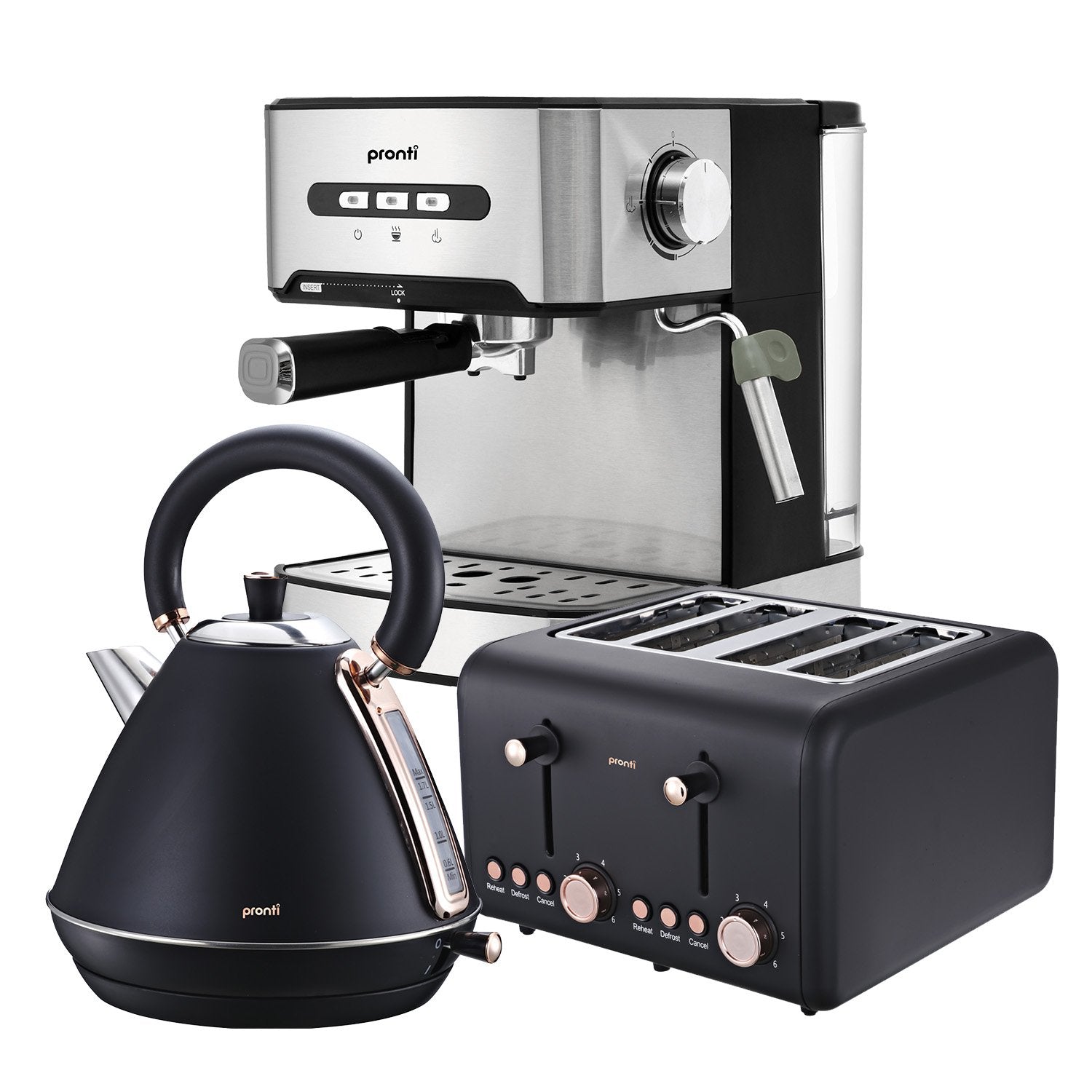 Pronti Black Breakfast Set Toaster Kettle Coffee Machine