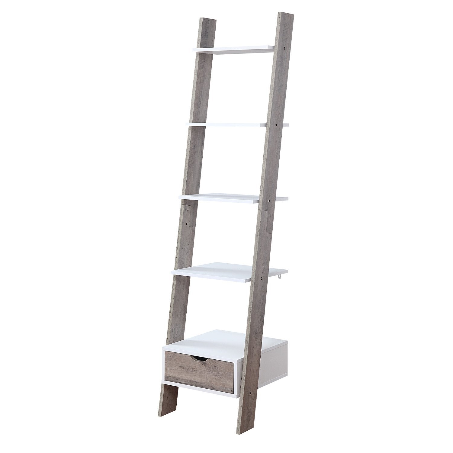 Mira 5-Tier Ladder Shelf Grey Oak with Drawer