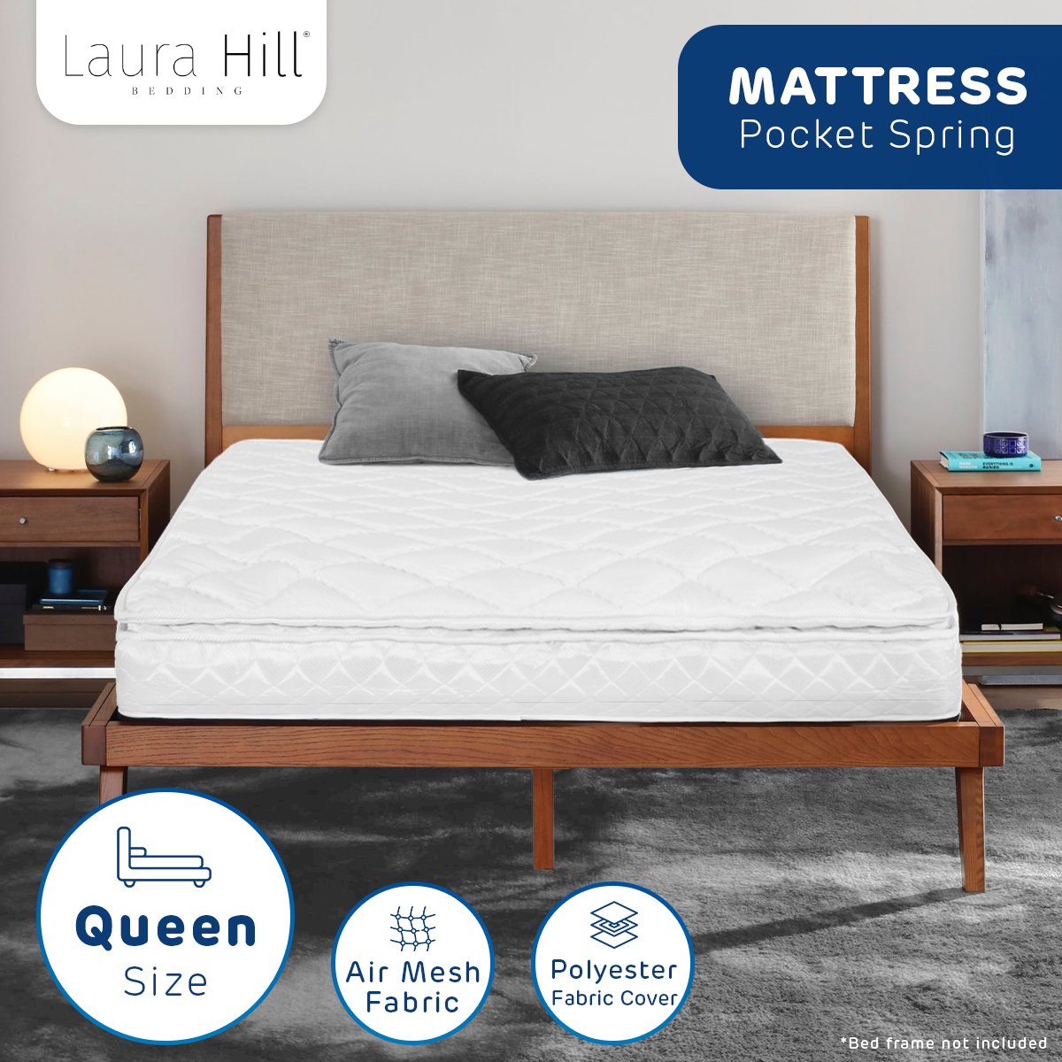 Laura Hill Queen Mattress Pillow Top Pocket Spring High Density Foam 22cm