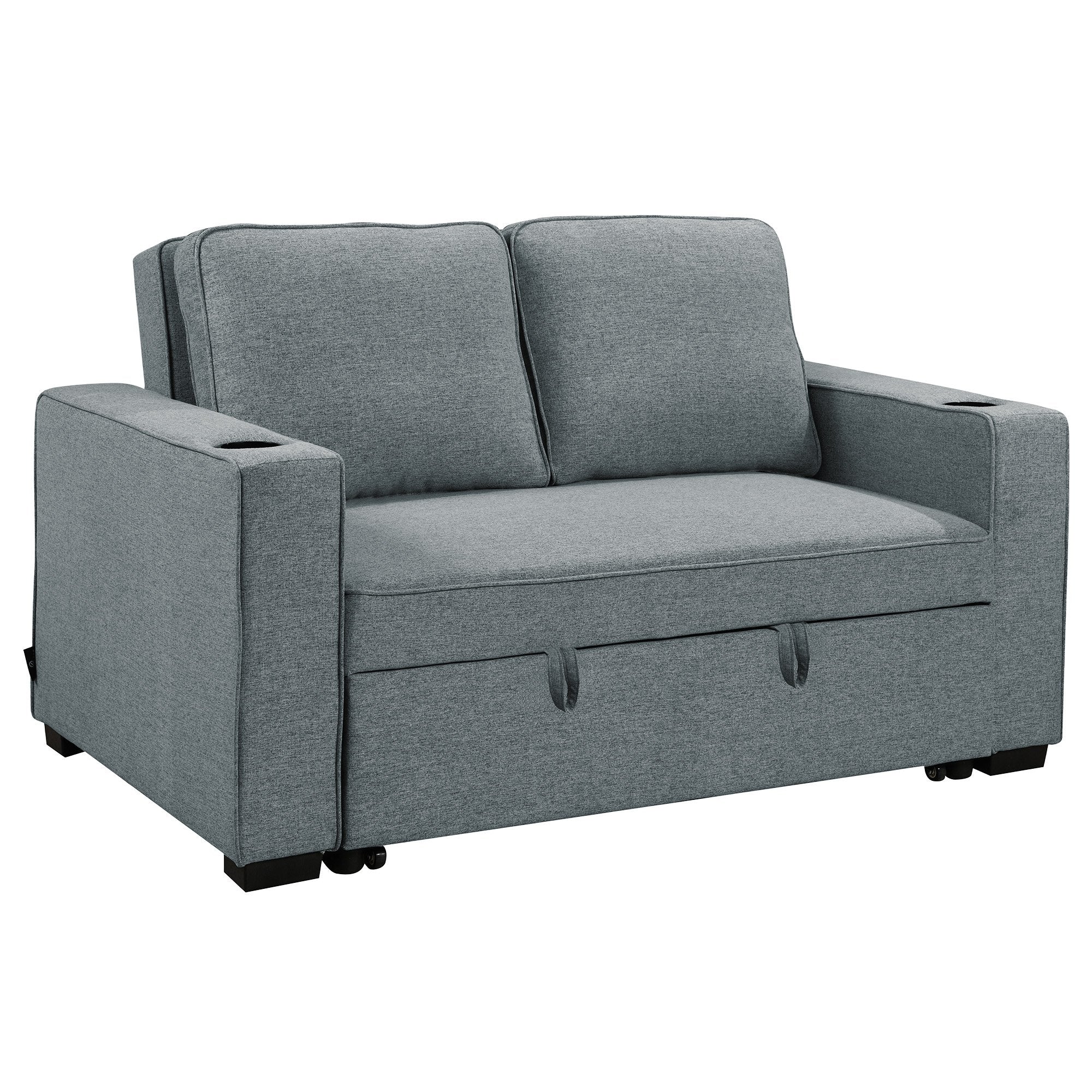 Hoffman 2-Seater Sofa Bed Linen Cushions Cup Holders Dark Grey