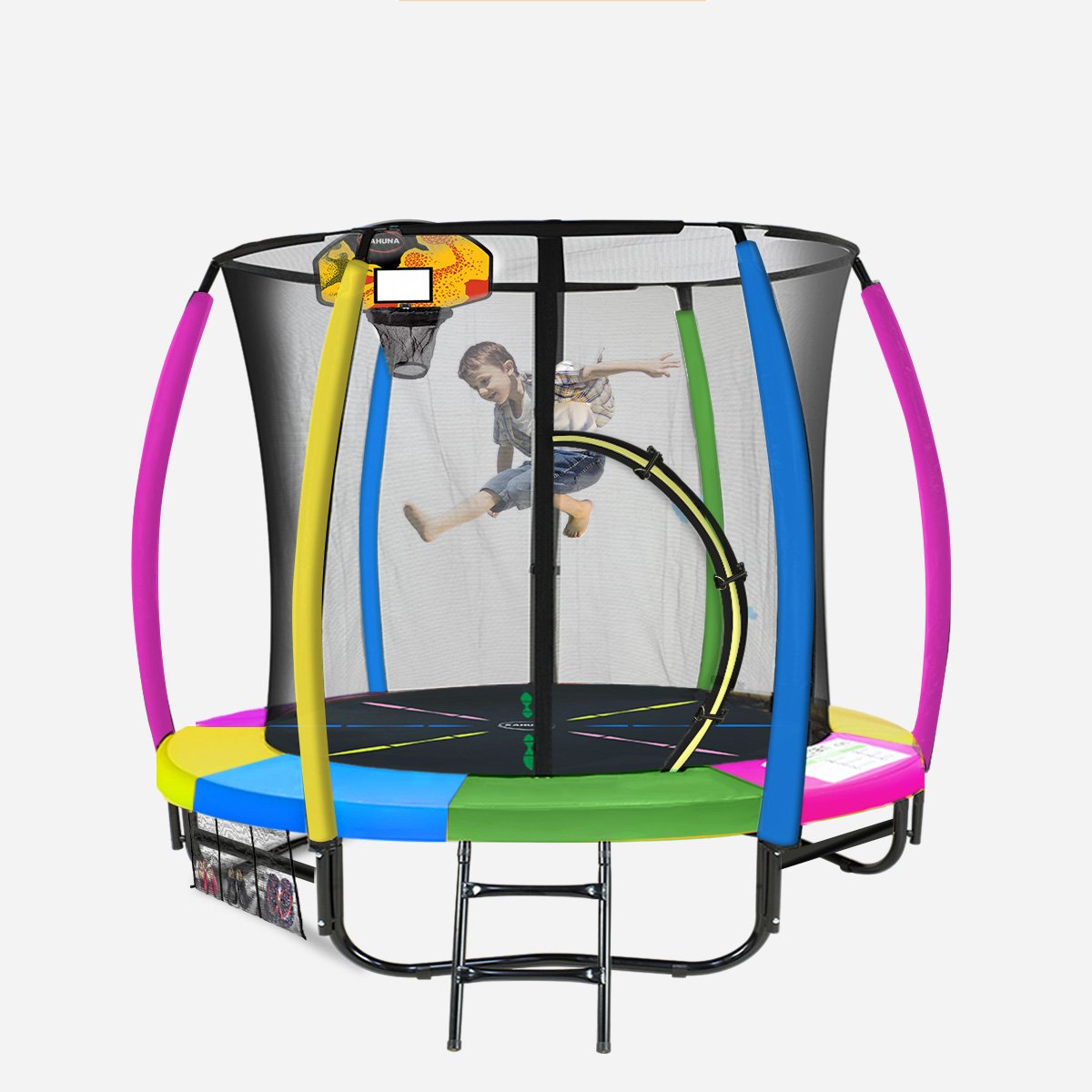 Kahuna 8ft Kids Outdoor Trampoline Rainbow Safety Enclosure Basketball Set