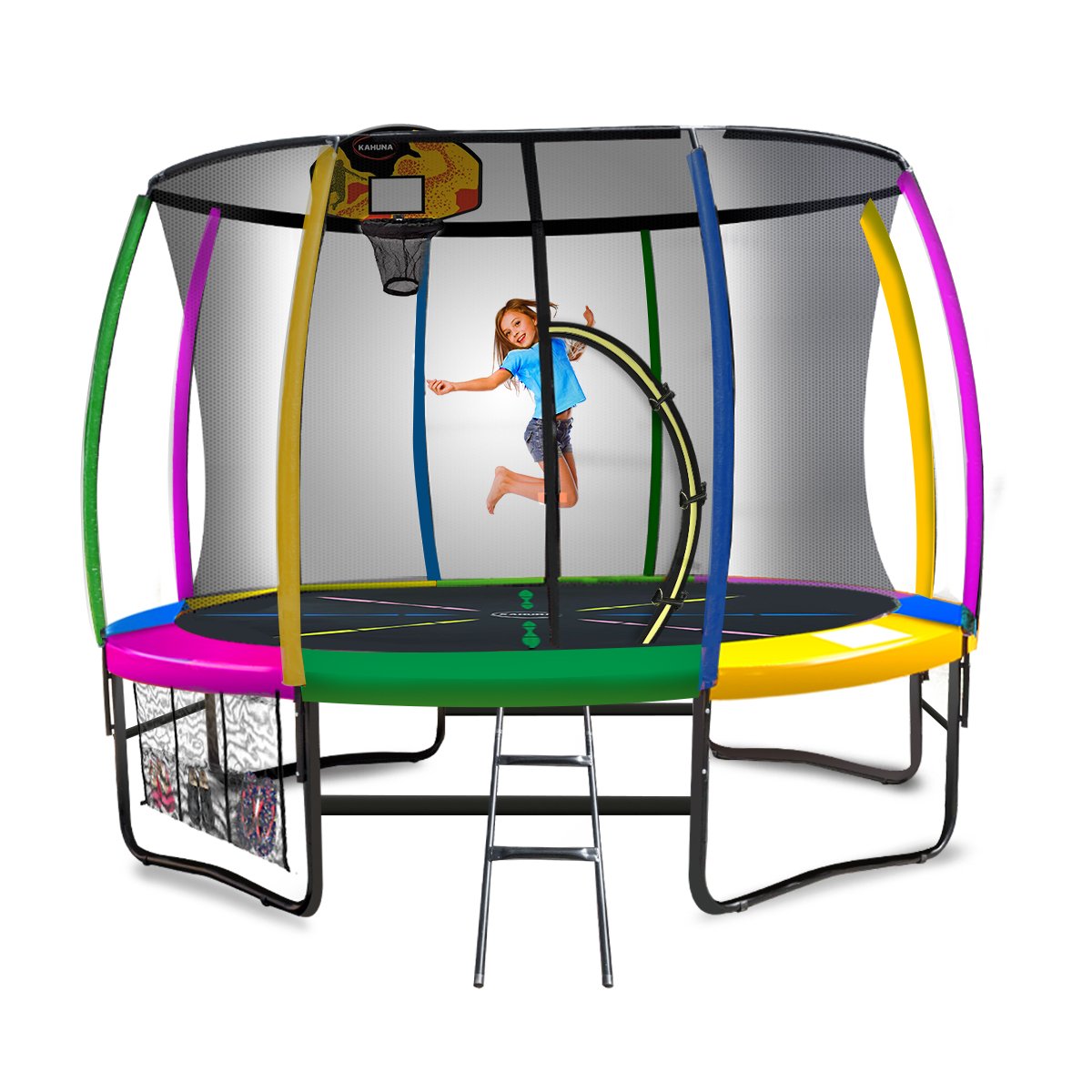 Kahuna 10ft Kids Trampoline Outdoor Set Rainbow Safety Enclosure Basketball Hoop