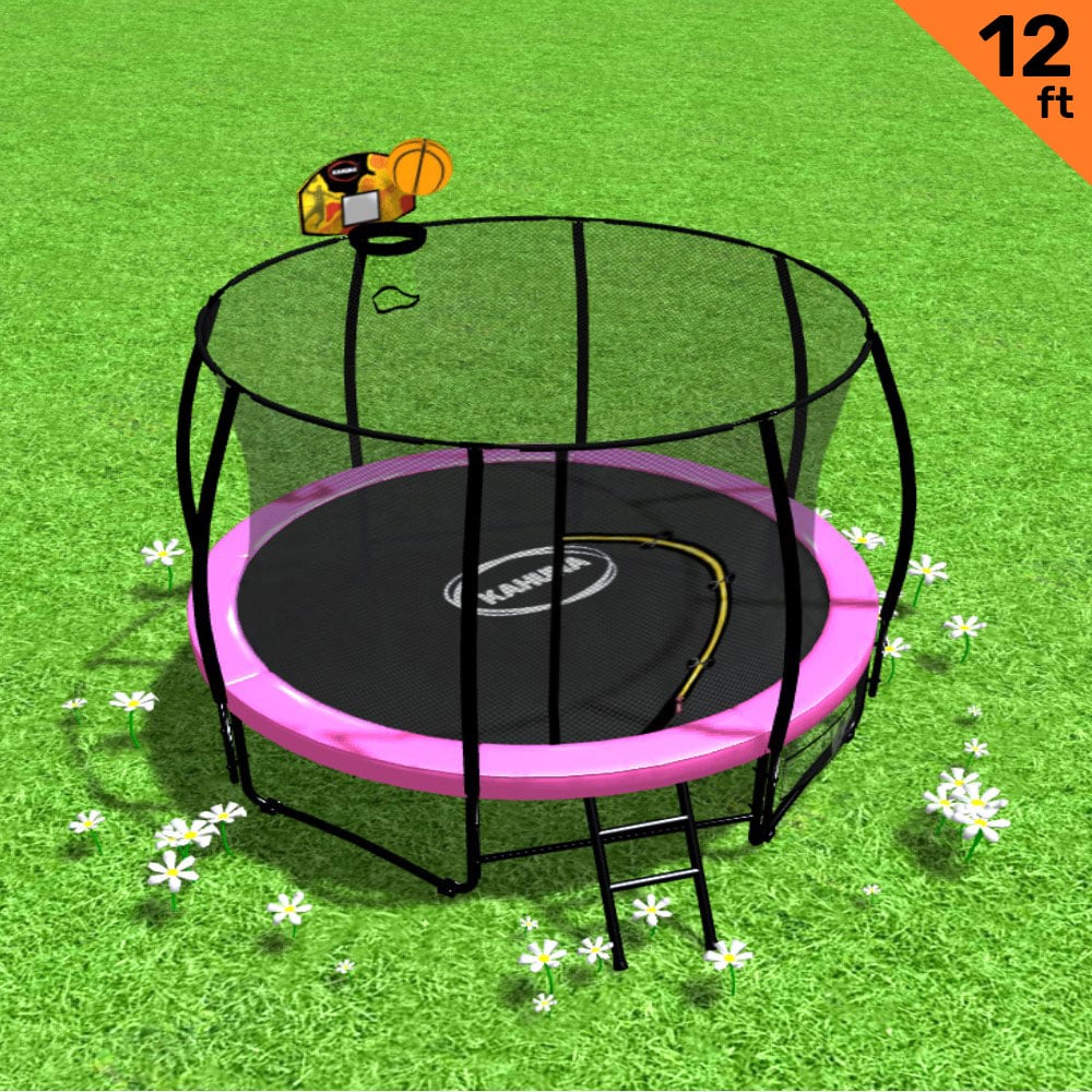 Kahuna 12ft Kids Trampoline Pink Safety Enclosure Basketball Set