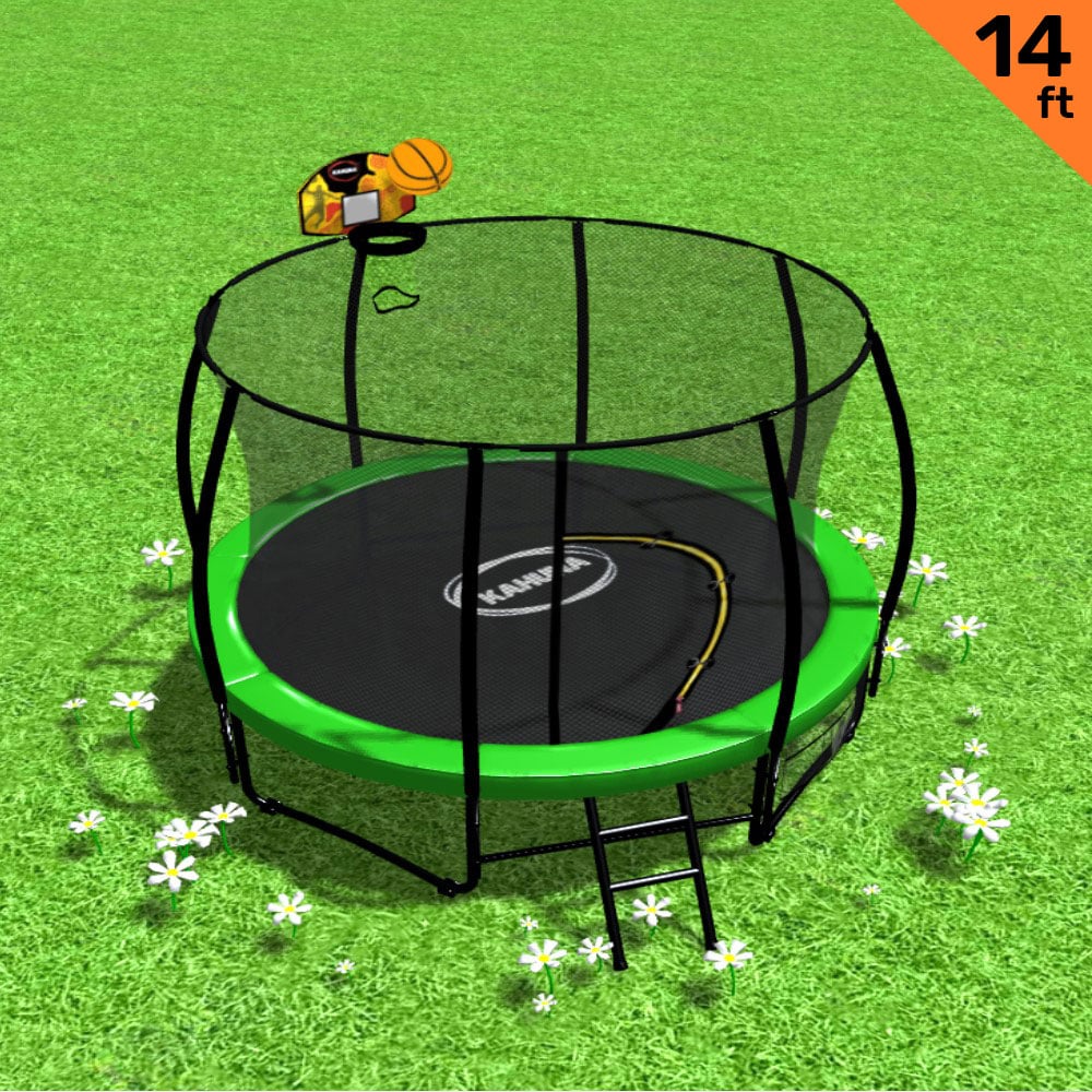 Kahuna 14ft Kids Trampoline Outdoor Set Green with Safety Enclosure and Basketball Hoop