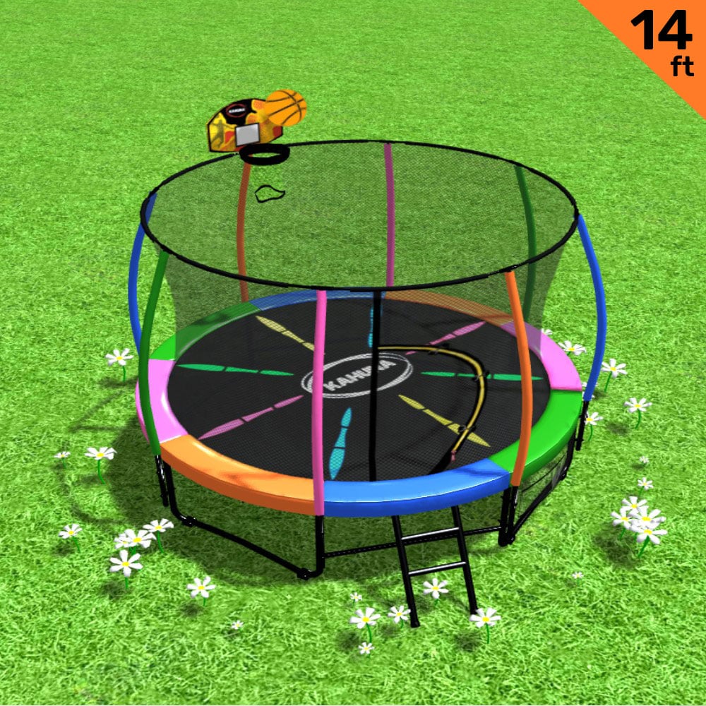 Kahuna 14ft Outdoor Trampoline Kids Set Rainbow Safety Enclosure Basketball Hoop