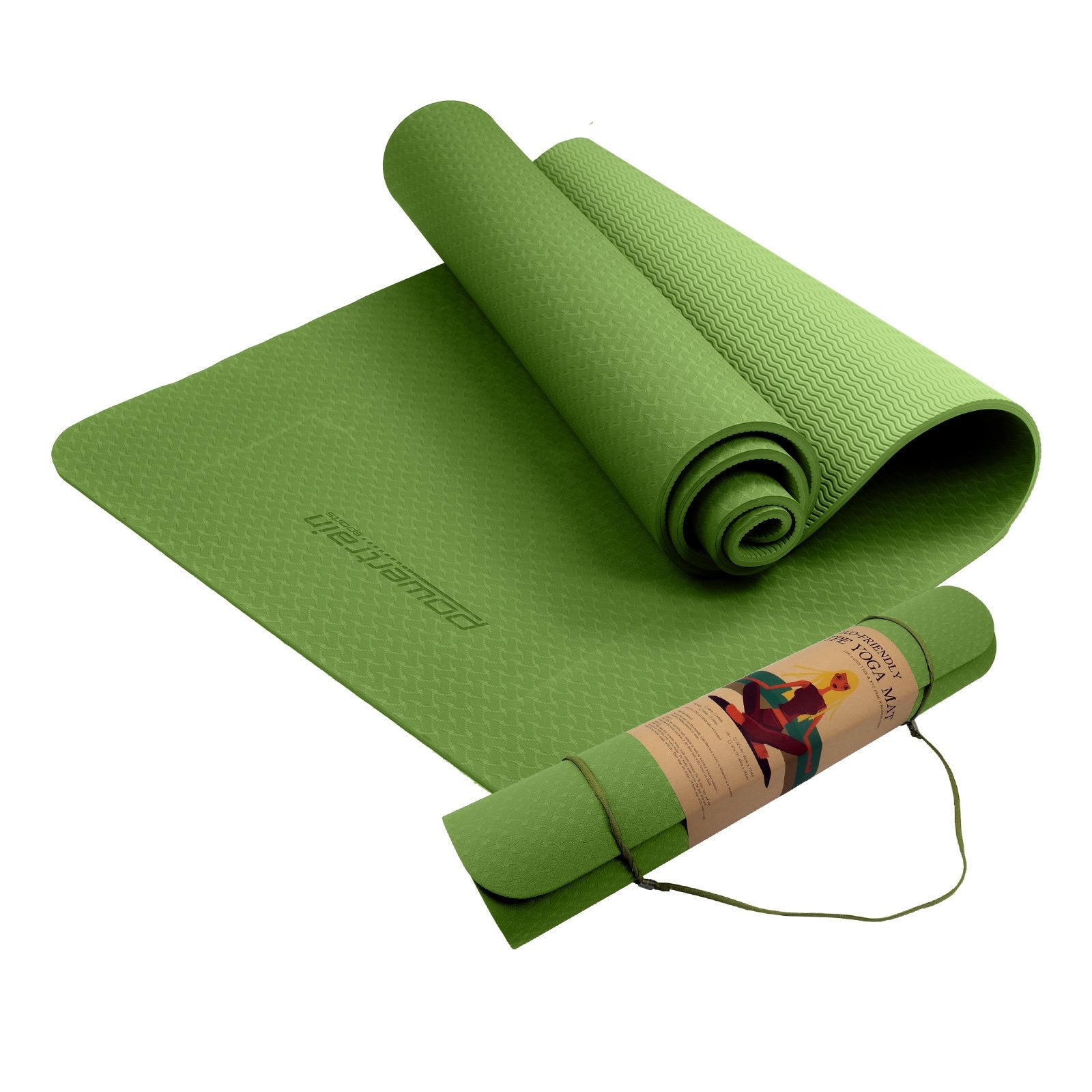 Powertrain 6mm Yoga Mat Eco-friendly Non-slip Olive with Carry Strap
