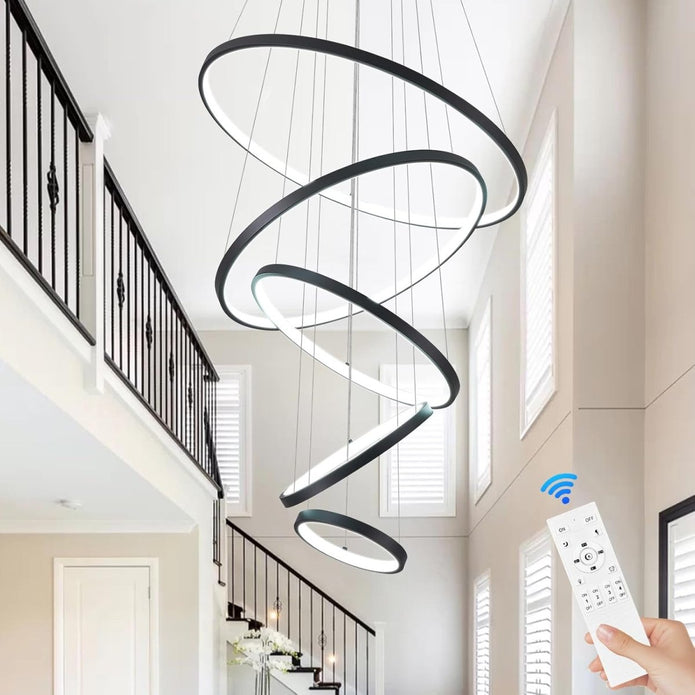 BAMDECOR A18801 Modern LED Chandelier, Dimmable Pendant Light with Remote Control Rings Round Ceiling Lighting Fixture 3 Color Temperatures Contemporary Chandeliers 5 Rings-Black