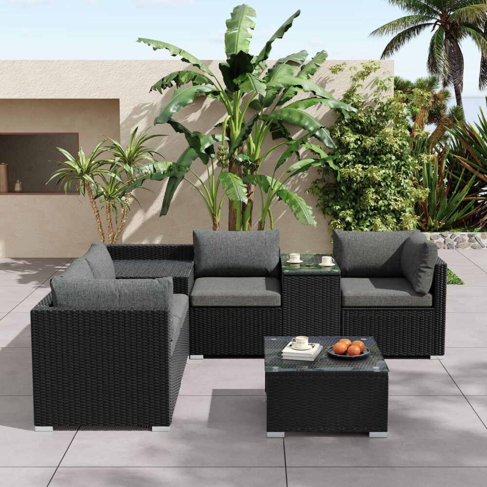 7PC Outdoor Wicker Loveseat Setting with Storage Corner Black