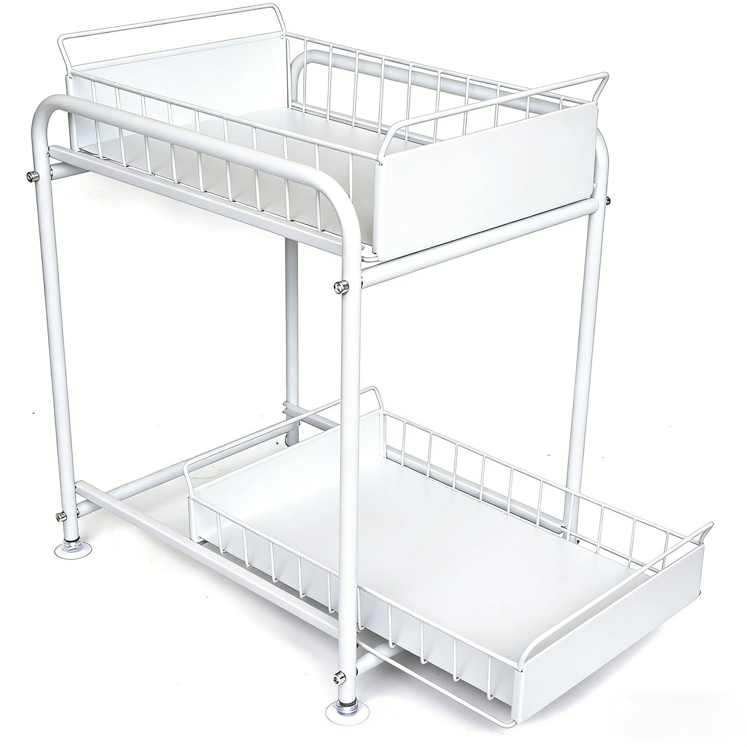 2 Tier Under Sink Storage Rack Kitchen Organizer Steel Frame with Removable Baskets & Suction Feet White